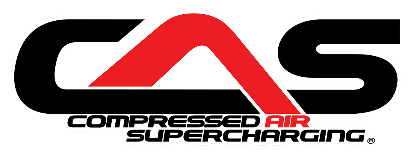 CAS compressed air supercharging logo on a black background with bold white letters and a red accent.